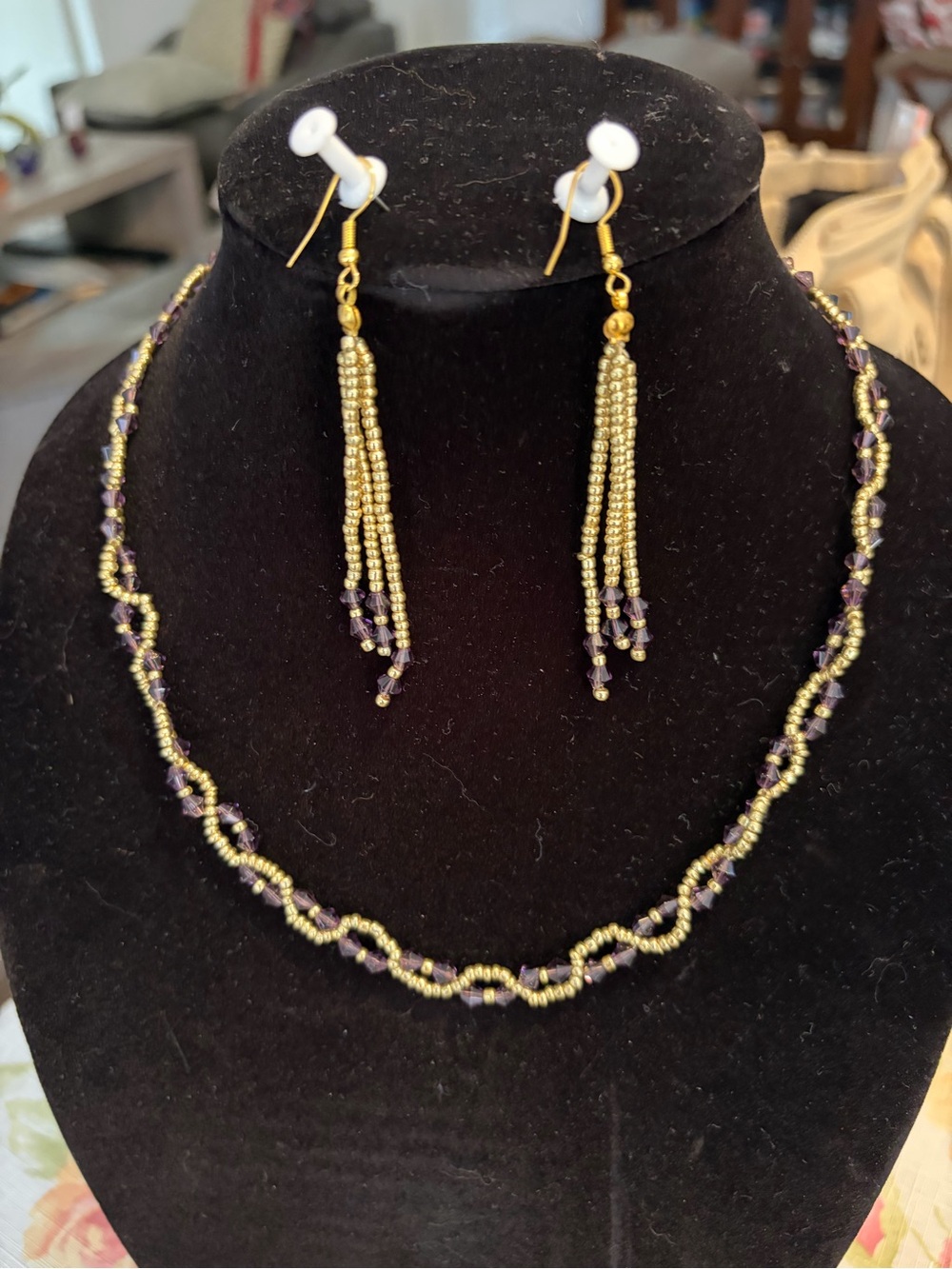 Gold and Purple Beaded Necklace with Tassel Earrings - Women Jewelry